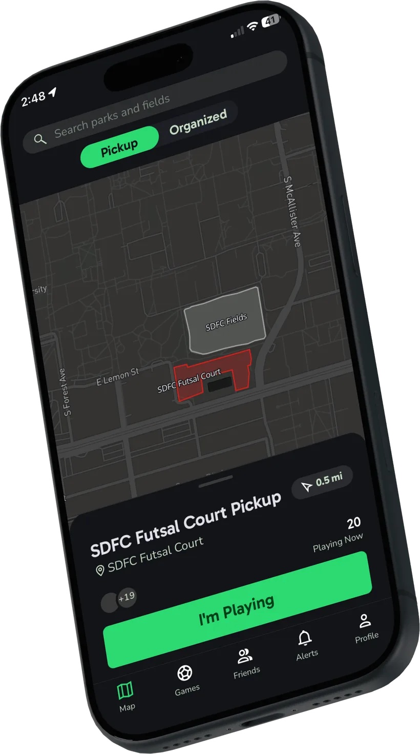 Joga's pickup map on an iPhone, with 20 people playing now at SDFC Futsal Court and an I'm Playing button.