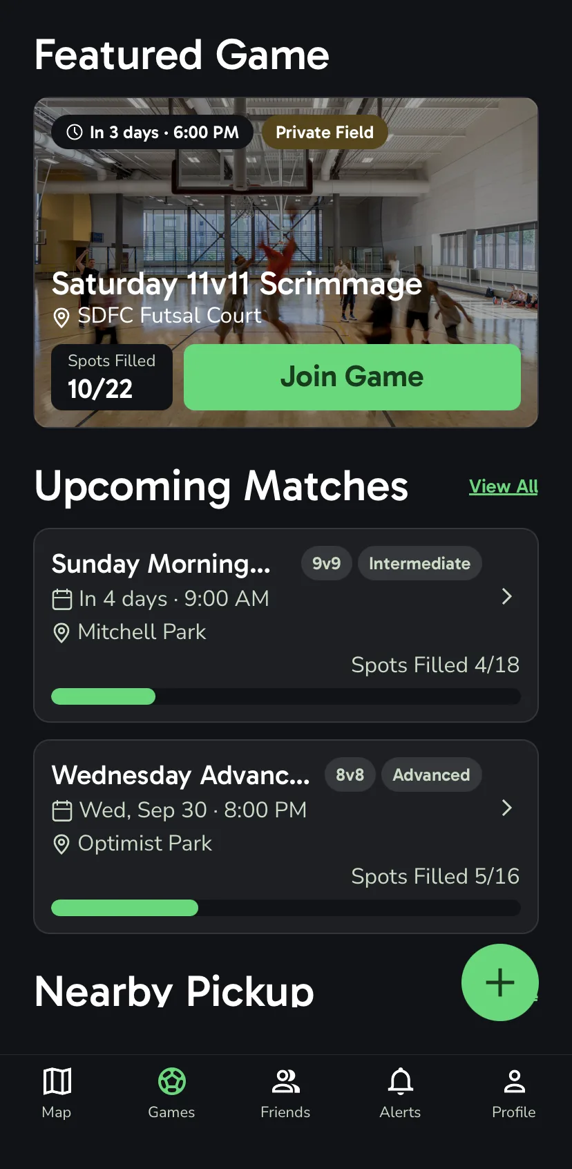 The Games tab showing a featured Saturday 11v11 scrimmage and upcoming 9v9 and 8v8 matches with spots filled.