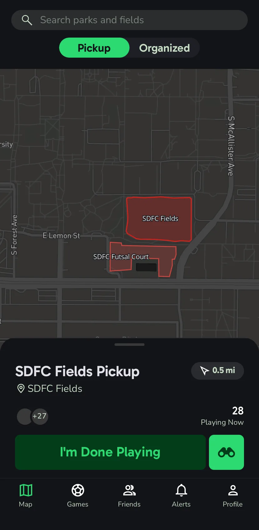 Two fields lit up red on the pickup map while 28 players are checked in at SDFC Fields.